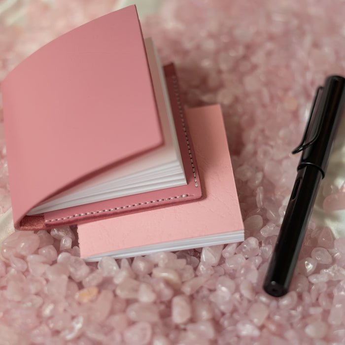 pink leather pocket journal with notebook and fountain pen